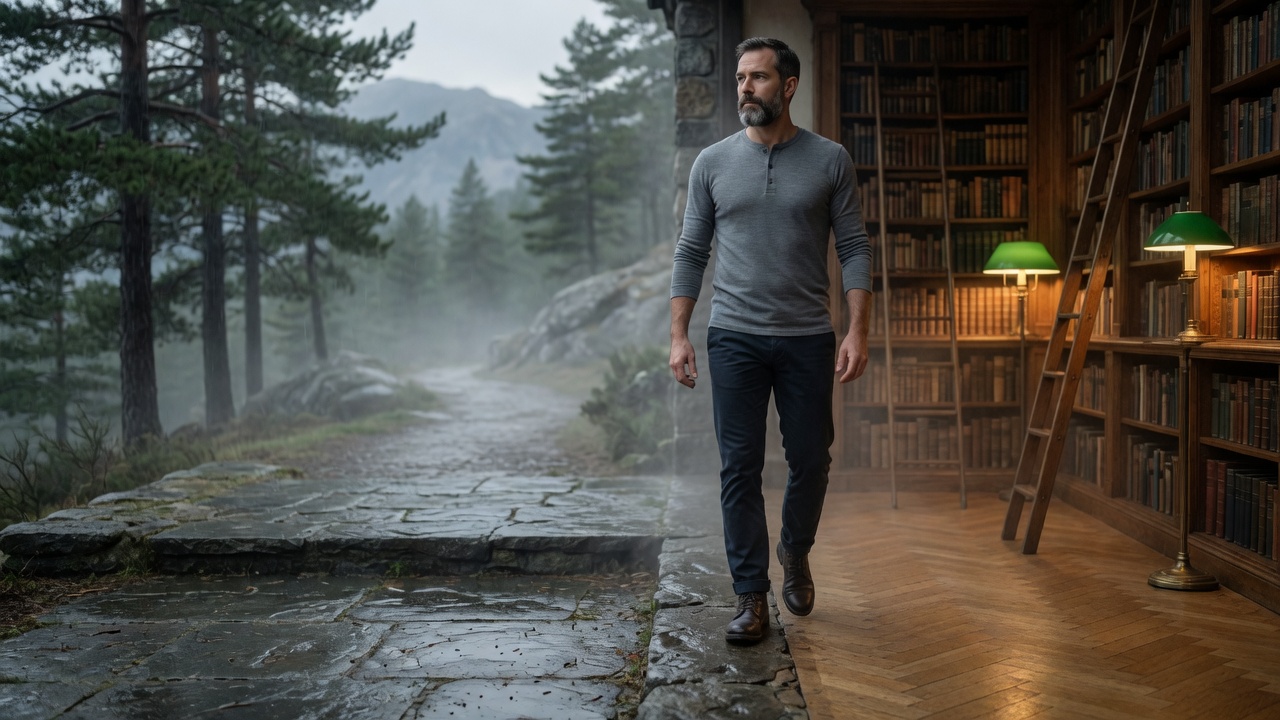 Impressie: een man van begin veertig met grijzende baard, in matte leisteen henley, stapt van een mistig bergpad een bibliotheek binnen; de natte steen gaat over in parket
