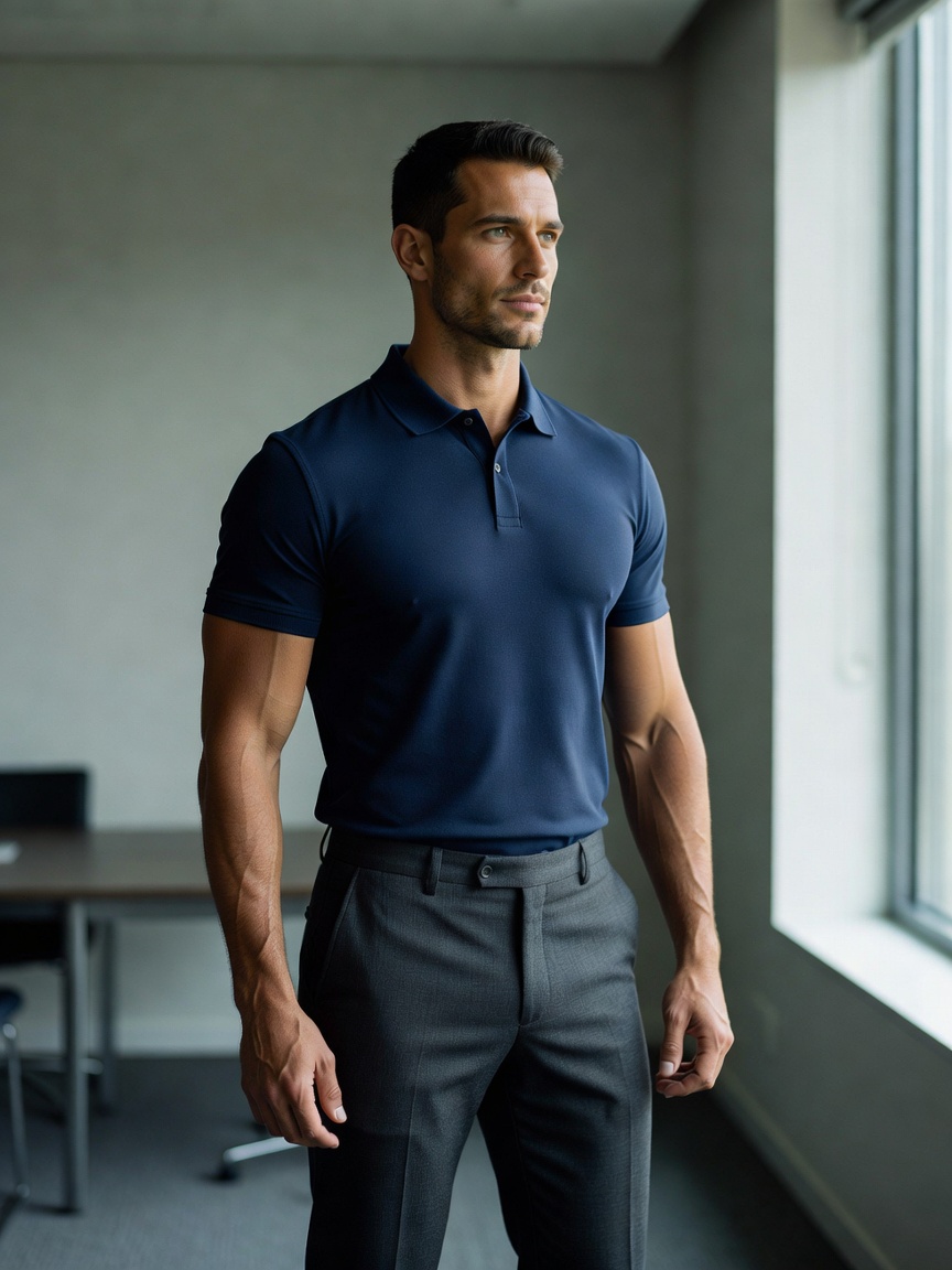 Impressie van de Mess Polo in navy, bij het raam van een vergaderruimte