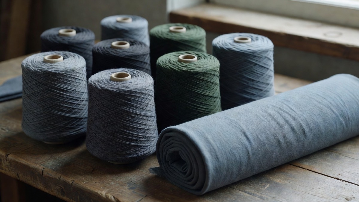 Impressie: kegels mat merinogaren in leisteen, antraciet, dennen en getij naast een rol matte jersey op een houten werkbank